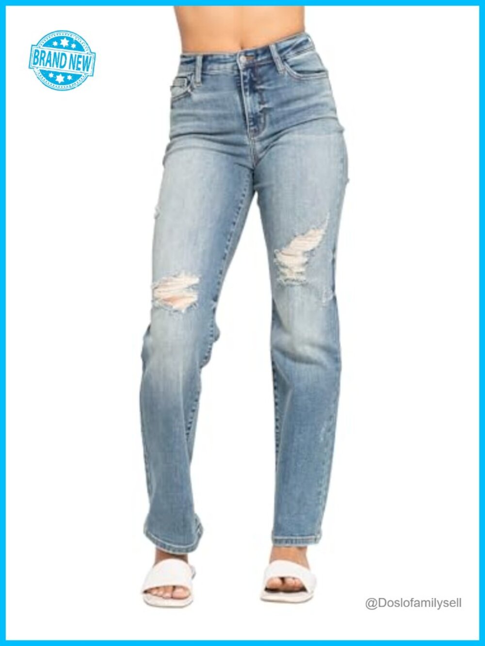 High Waisted Dad Straight Jeans Destroyed Cotton Blend 32 Inseam
